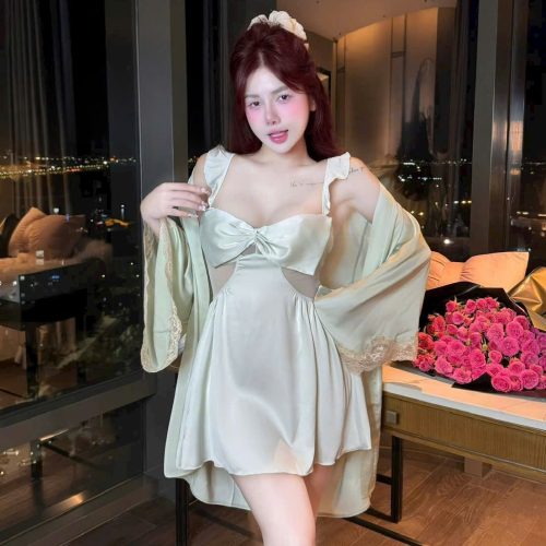 Váy Ngủ Lụa Cột Nơ Ren Sexy