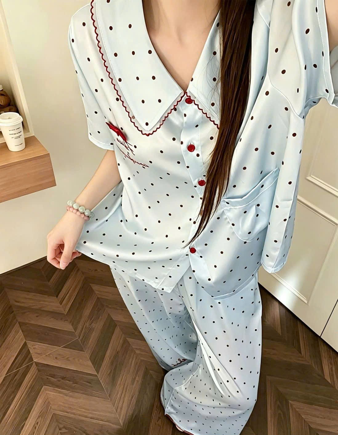 Bộ Pijama Lụa Chấm Bi