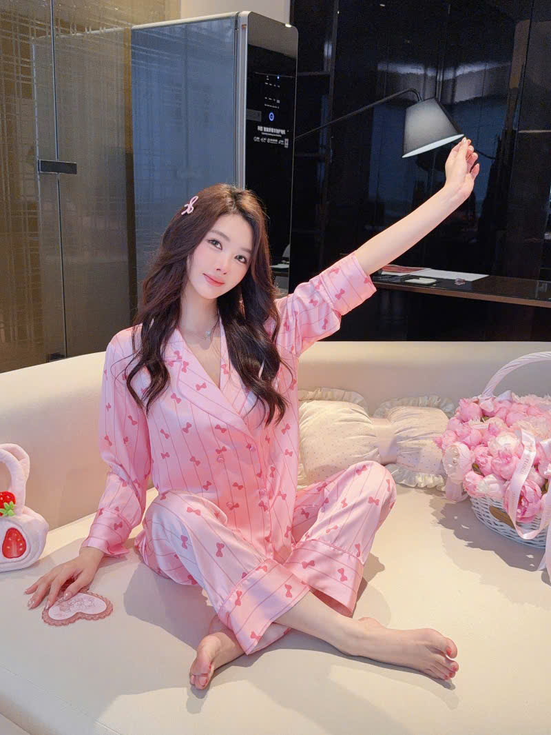 Bộ Pyjama Nơ Sọc Hồng