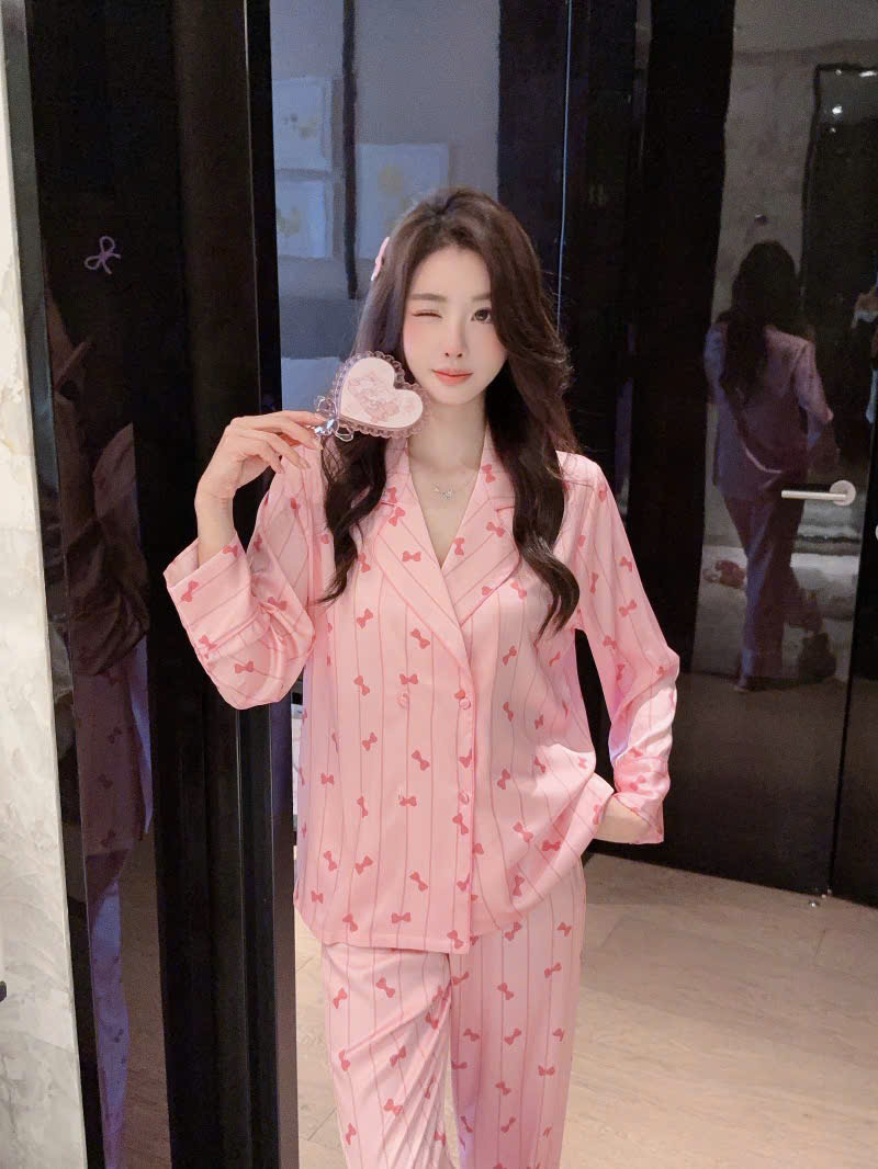 Bộ Pyjama Nơ Sọc Hồng