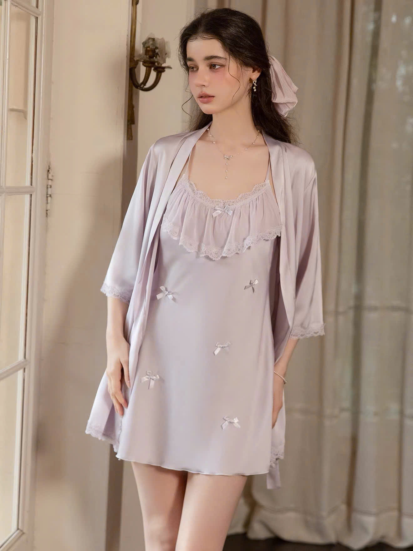 Váy Ngủ Hai Dây Đính Nơ