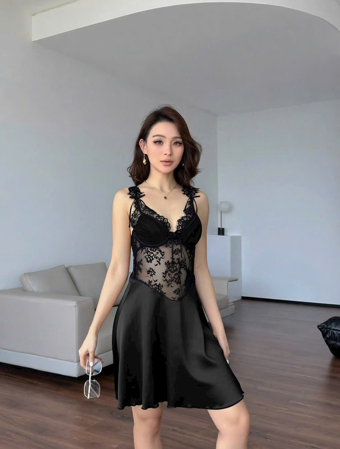 Đầm Ngủ Lụa Dây Nơ Phối Ren