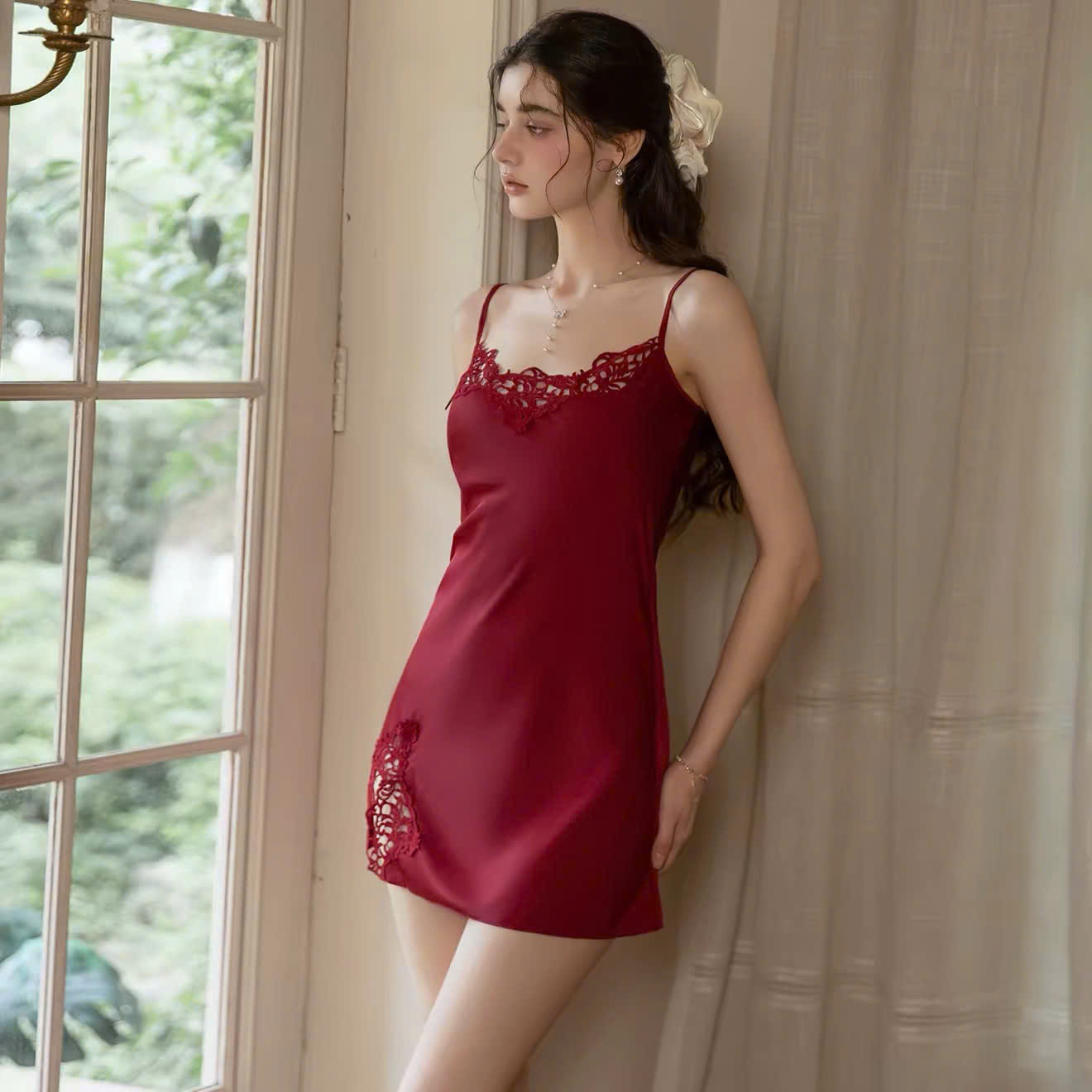 Set Váy Ngủ Satin Phối Ren