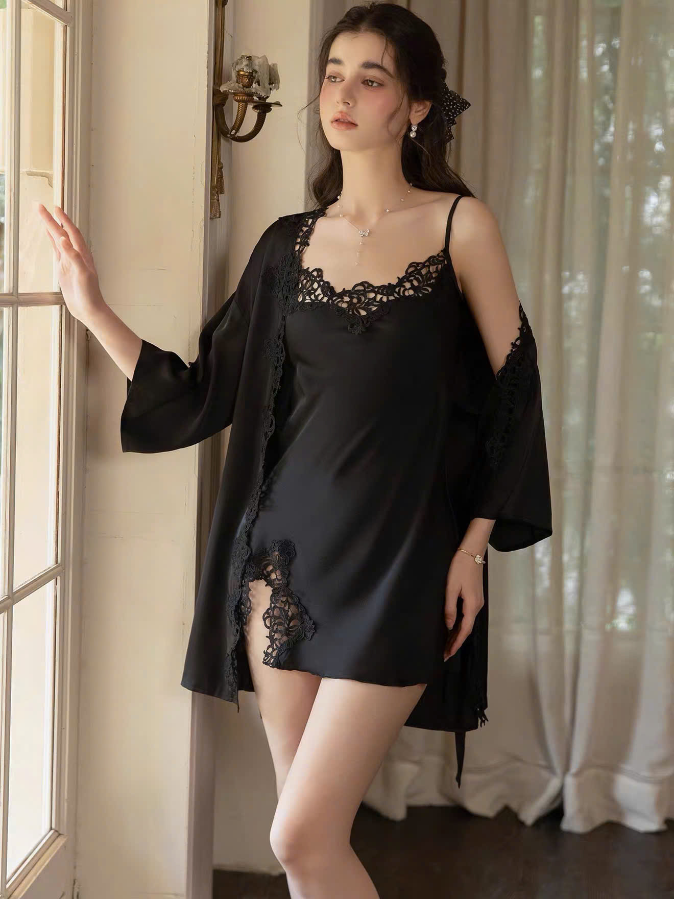 Set Váy Ngủ Satin Phối Ren